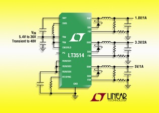 Liner Technology's triple output, 36V step-down switching regulator delivers 100% duty cycle