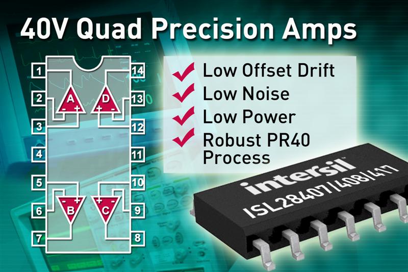 Intersil's 40V Quad Precision Amplifiers Feature Lowest Noise, Low Power Consumption