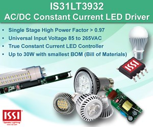 ISSI's single-stage high-power factor AC/DC LED Controller targets retrofit LED bulbs