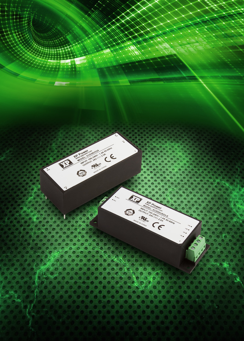 Industry’s smallest encapsulated 60W AC-DC supply comes in PCB or chassis mount