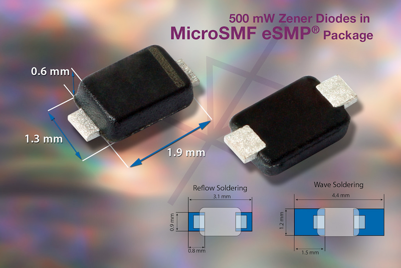 Vishay's 500 mW zener diodes save space using novel low-profile MicroSMF eSMP package