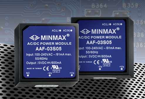 MINMAX's latest 3W PCB-mount AC/DC supply comes in a 1 x 1 x 0.64-in. package