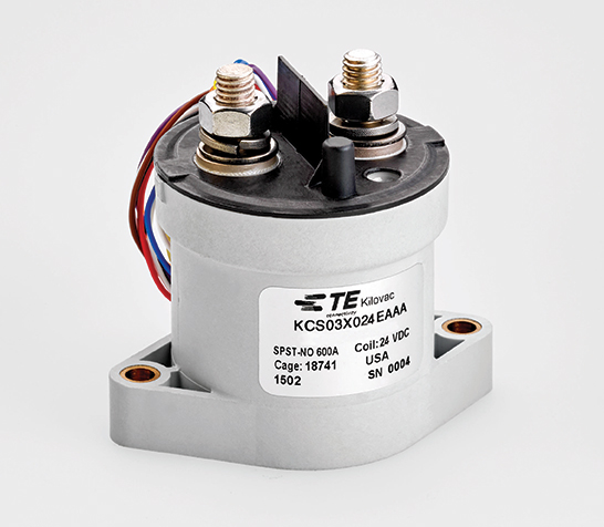 TE Connectivity’s KILOVAC current-sensing high-voltage contactor offers current-trip function