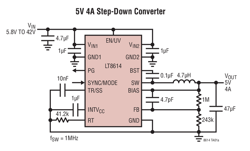 5 A Synchronous Step-Down Device w/ 2.5 μA Quiescent Current