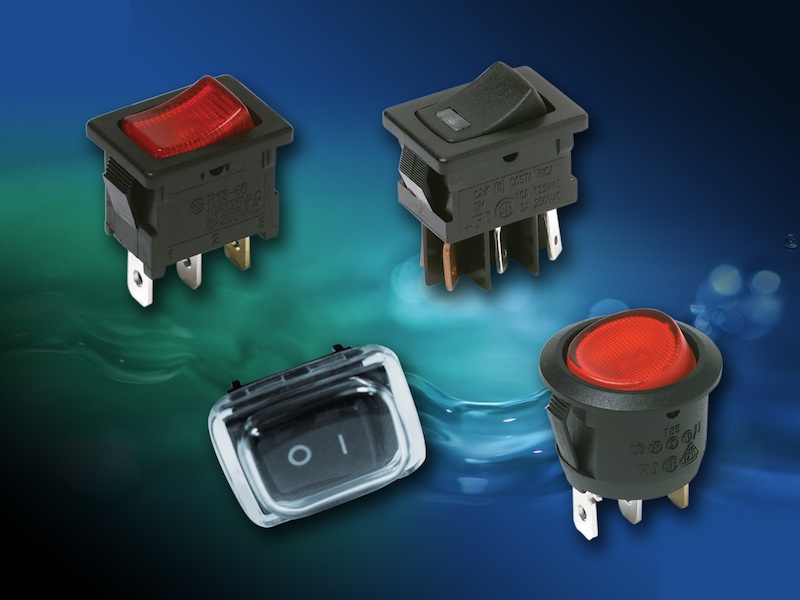 C&K miniature rocker switches feature a splash proof rubber boot option