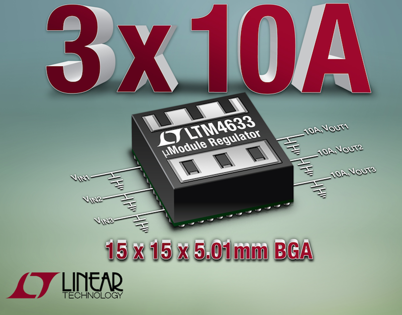 Triple step-down regulator delivers 10A at over 50°C ambient, with no airflow or external heat sink