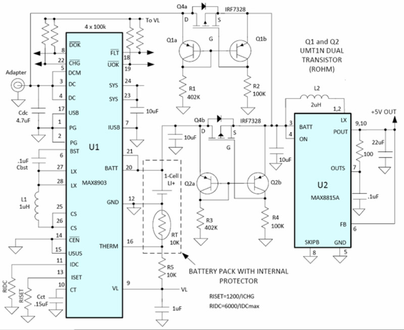 Get a constant output switching with a +5V input and a single-cell battery