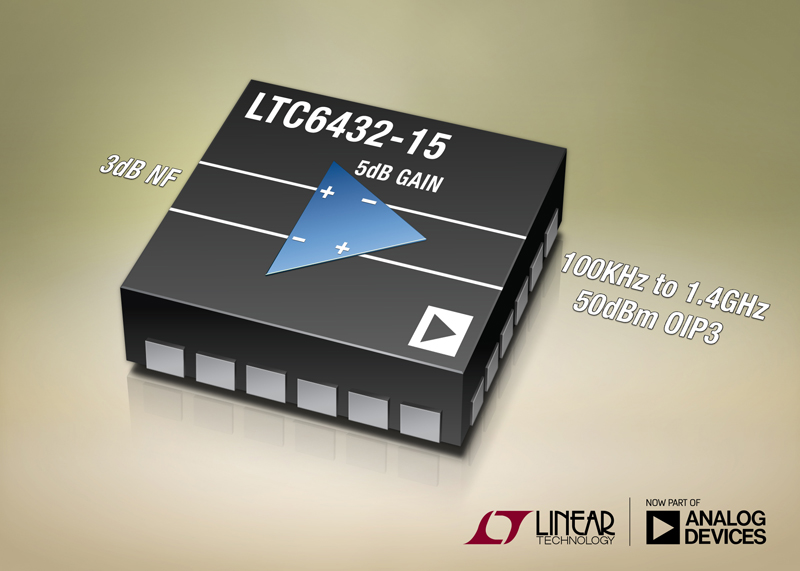 15dB Gain Differential Amplifier Delivers up to +50dBm OIP3 Linearity and  Low Noise from 100kHz to 1.4GHz