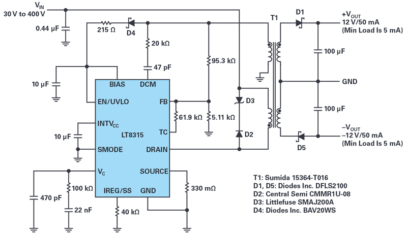 Isolated, Nonisolated ±12 V Outputs from 30 V to 400 V Input
