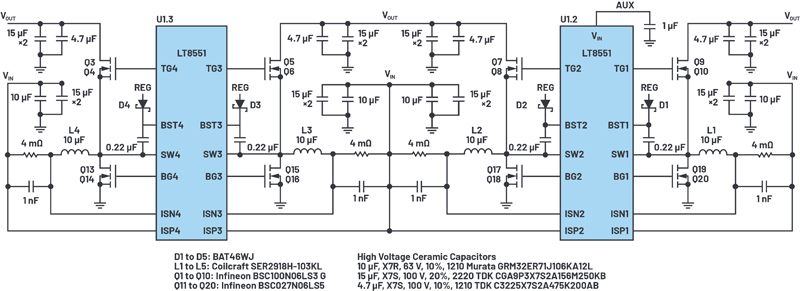 Figure 2. An electrical schematic of the LT8551 power section, U1.2 and U1.3. The LT8551’s interface to the primary boost controller is shown in Figure 1. The VIN = 6 V to 46 V, while the VOUT = 48 V at 30 A.