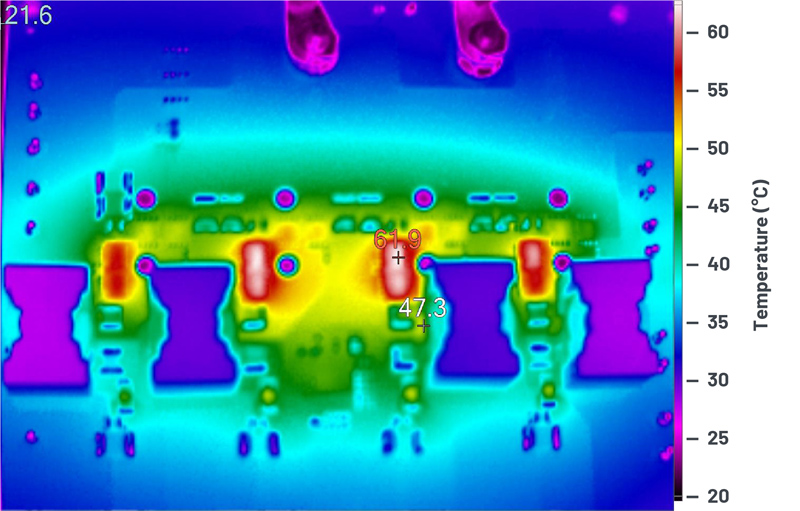 Figure 6. An LT8551-based demonstration circuit thermal image with convection cooling (no air flow). VIN = 24 V, VOUT = 48 V at 25 A.