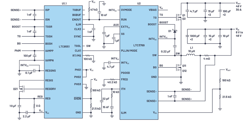 Figure 1. The interface of the LT8551 phase expander U1.1 to the primary controller U2. The four additional (expanded) power phases of the solution are shown in Figure 2.