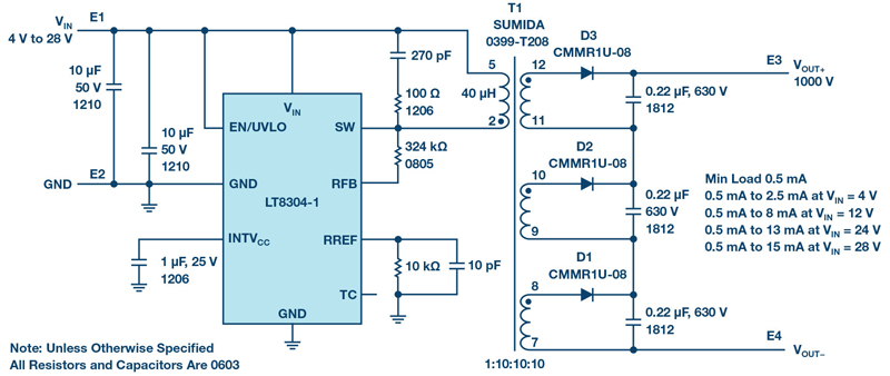 1000 V Output, No-Opto, Isolated Flyback Converter