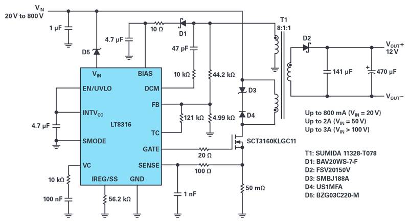 Extending the Supply Voltage of a 600 V Input, No-Optocoupler Isolated Flyback Controller to 800 V or Higher