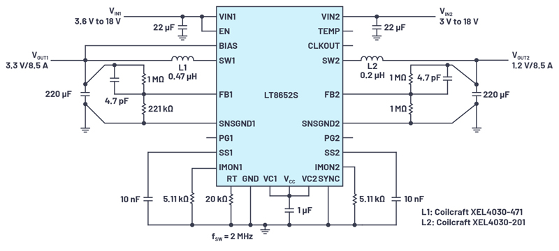 Dual-Channel, 8.5 A, 18 V, Synchronous Step-Down Silent Switcher Device with 16 µA Quiescent Current